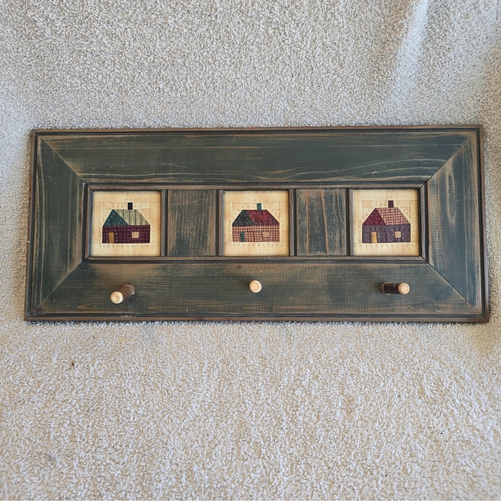 Primitive Wooden Wall Hook Rack- 3 Peg Farmhouse Hanger Quilted House Panels